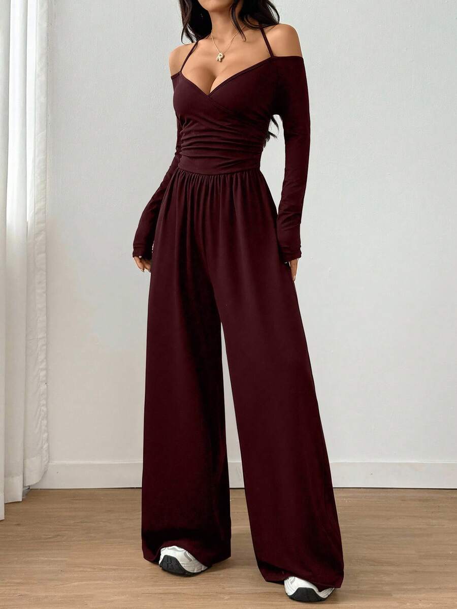 SHEIN Flirla جمبسوت سادة بربطة عنق بلون عنابي