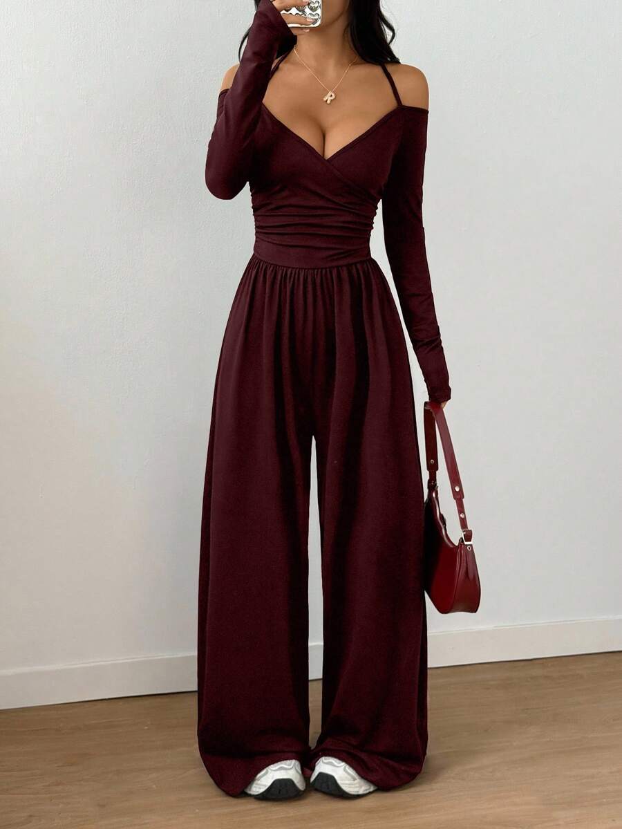 SHEIN Flirla جمبسوت سادة بربطة عنق بلون عنابي