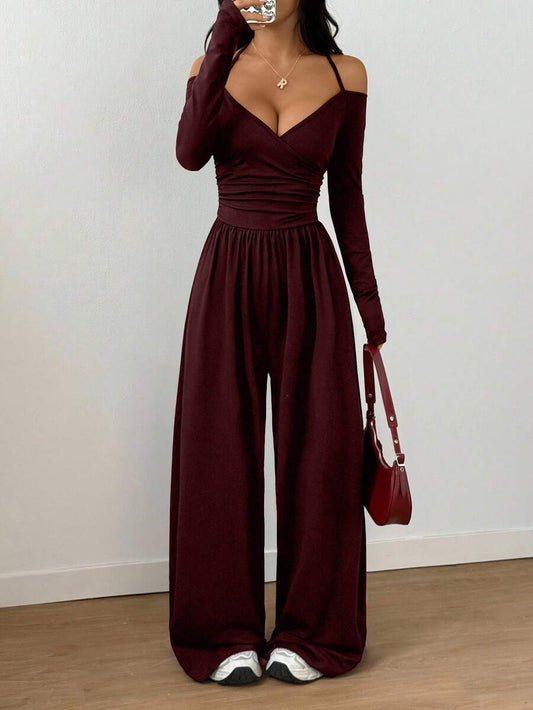 SHEIN Flirla جمبسوت سادة بربطة عنق بلون عنابي