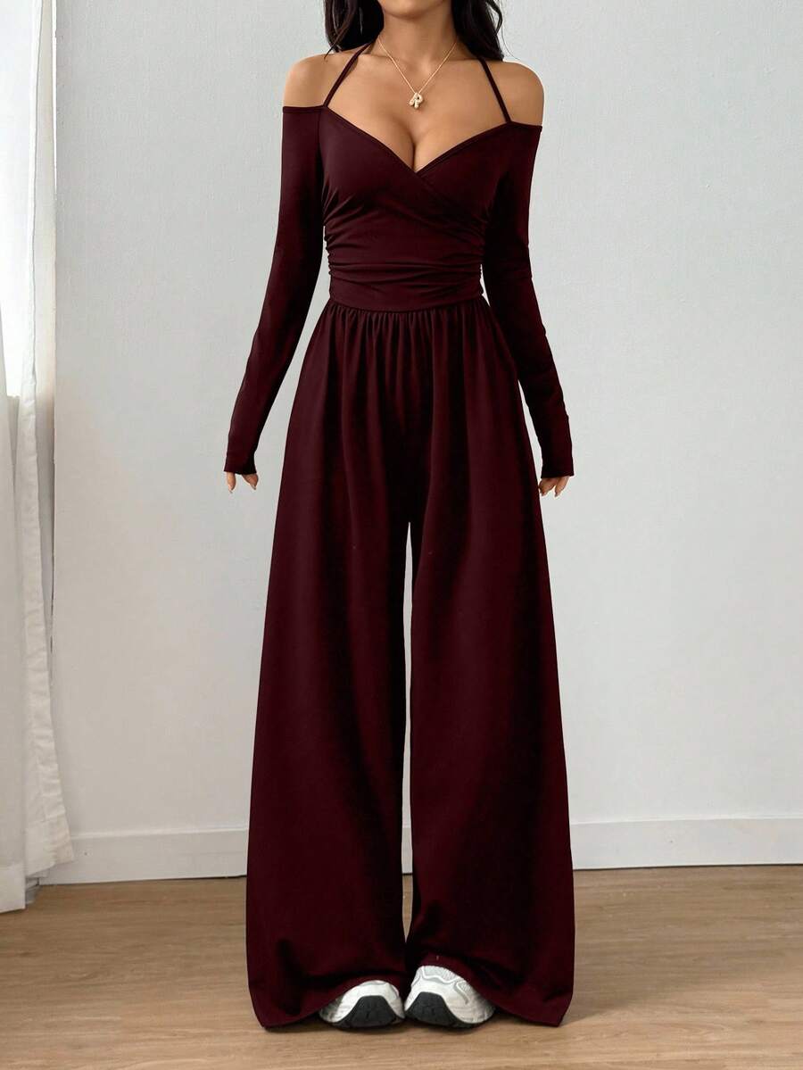 SHEIN Flirla جمبسوت سادة بربطة عنق بلون عنابي