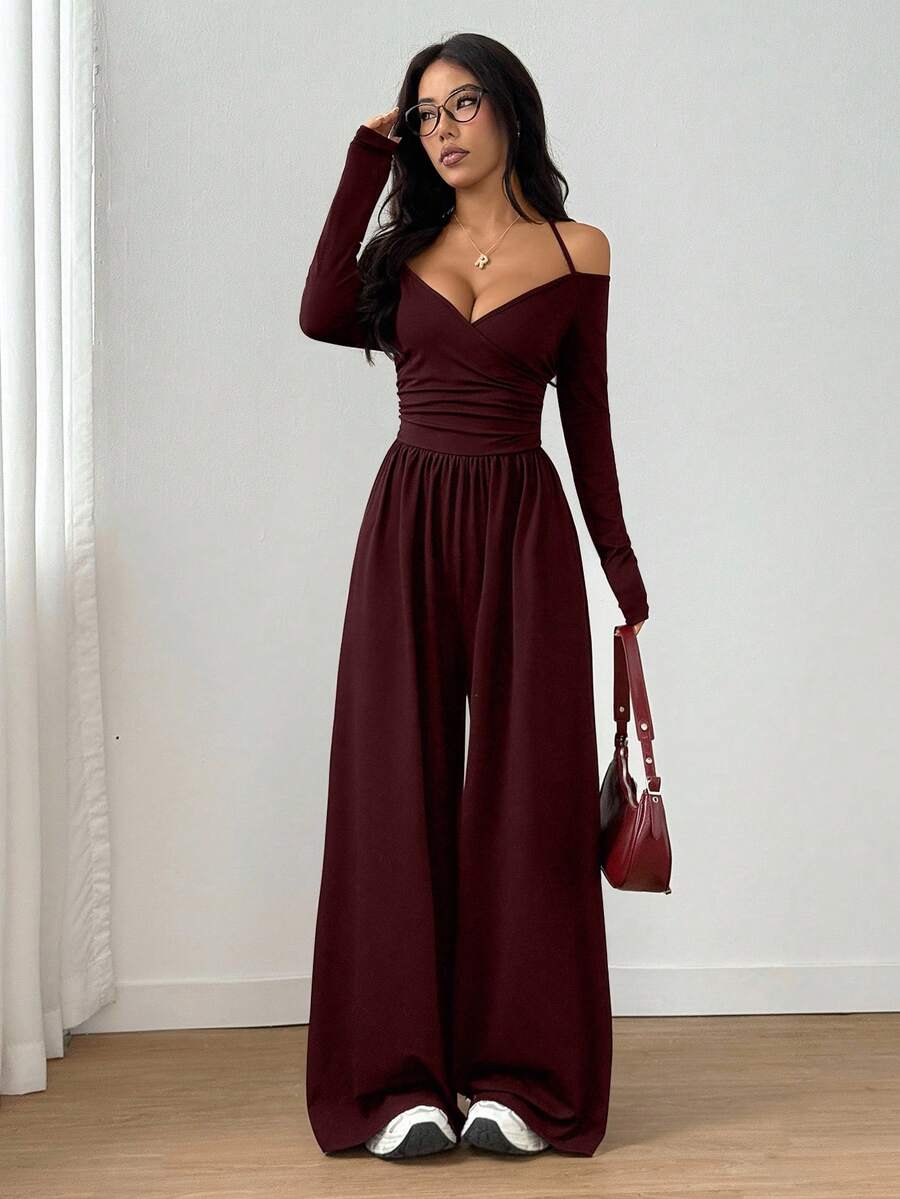 SHEIN Flirla جمبسوت سادة بربطة عنق بلون عنابي
