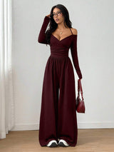 SHEIN Flirla جمبسوت سادة بربطة عنق بلون عنابي