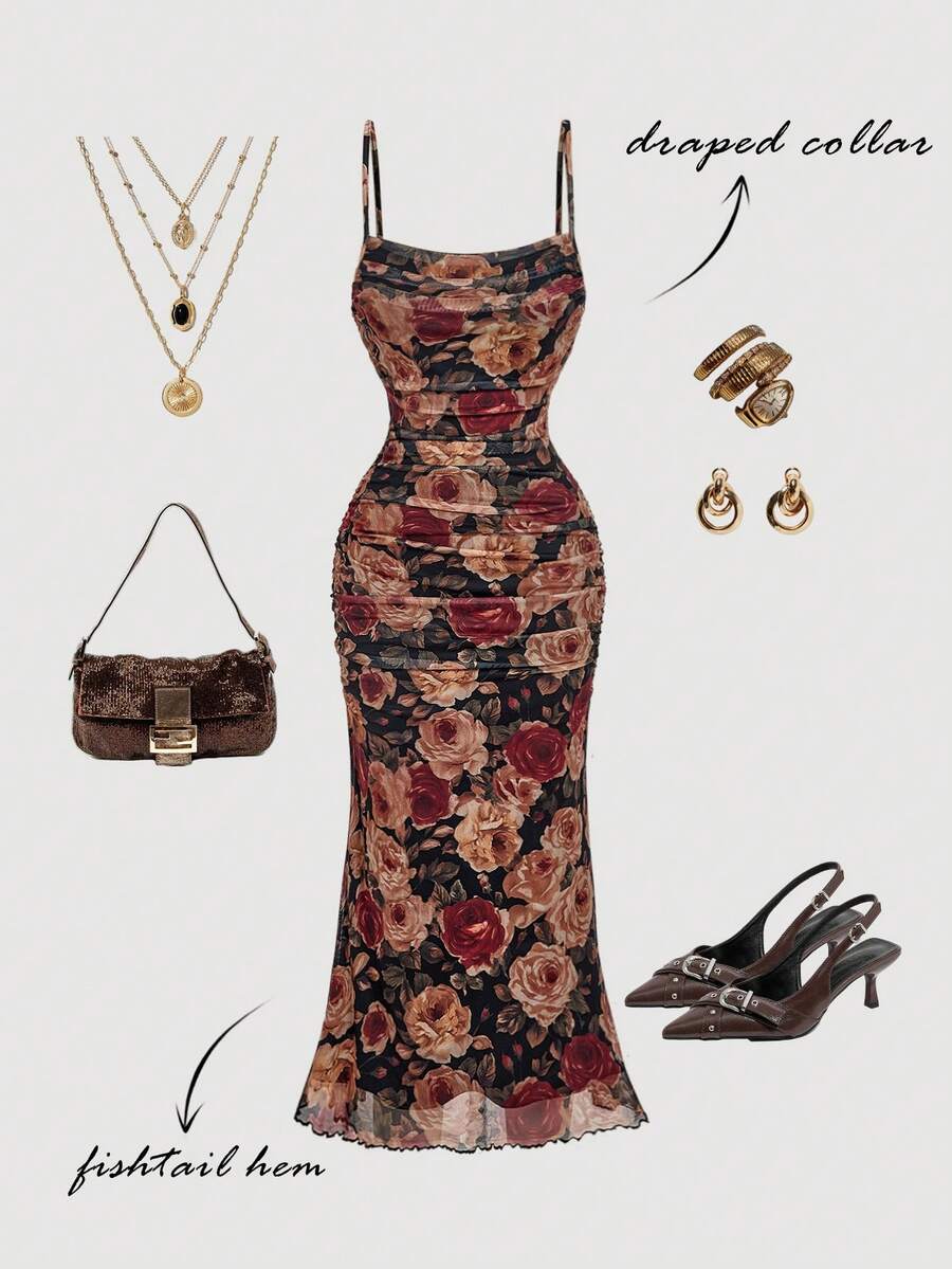 SHEIN MOD فستان بطبعة زهور مجعد بقصة ضيقة وذيل حورية البحر بطابع فينتاج