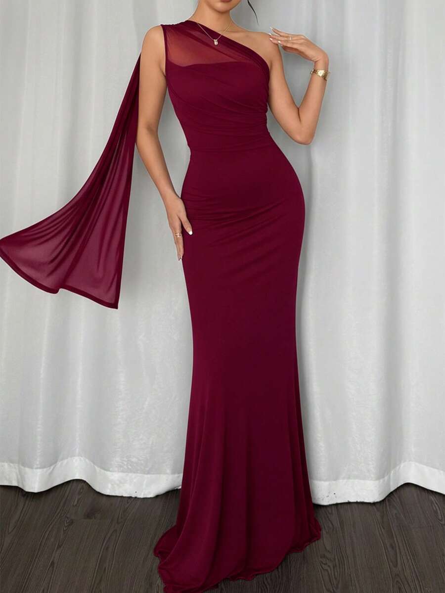 SHEIN Firerie فستان ماكسي ضيق بياقة غير متماثلة بلون عنابي