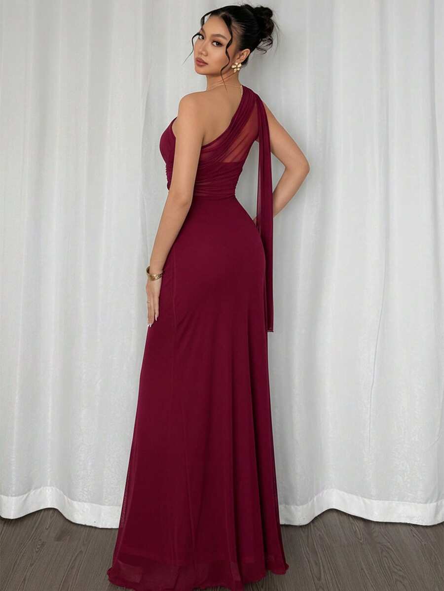 SHEIN Firerie فستان ماكسي ضيق بياقة غير متماثلة بلون عنابي