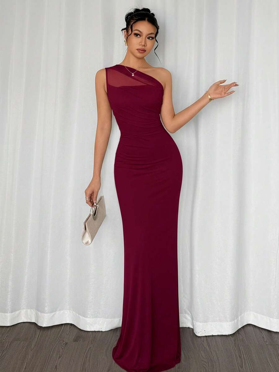 SHEIN Firerie فستان ماكسي ضيق بياقة غير متماثلة بلون عنابي