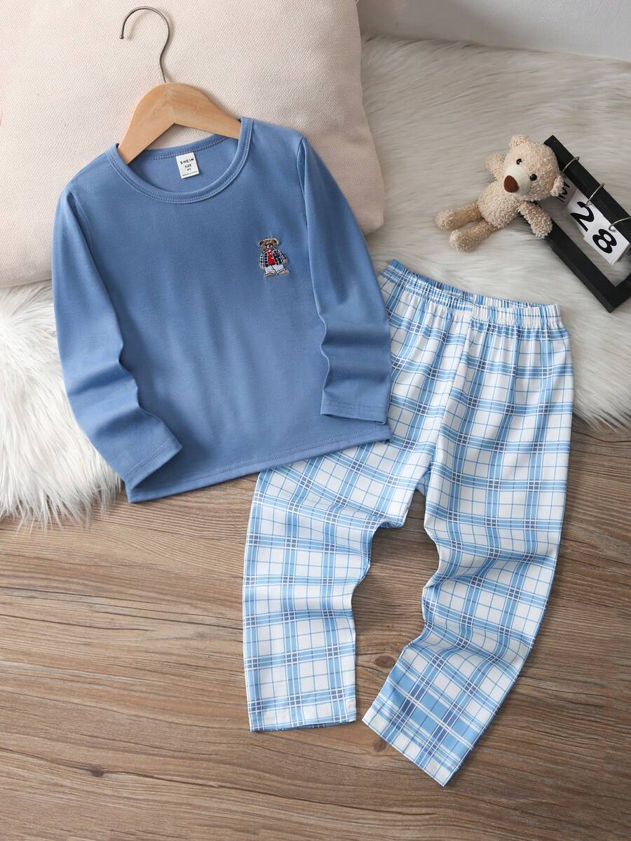 SHEIN بيجامة أولاد طقم ملابس علوية بأكمام طويلة وبنطلون بنقش دب