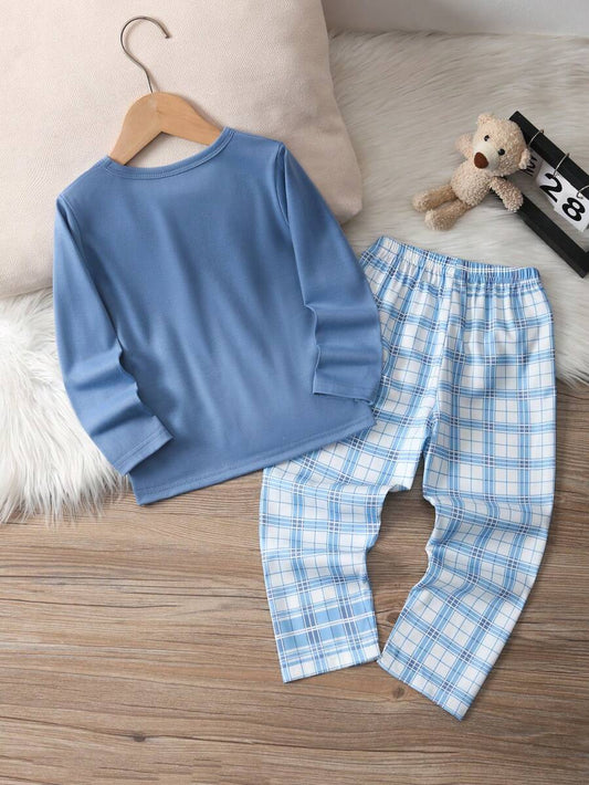 SHEIN بيجامة أولاد طقم ملابس علوية بأكمام طويلة وبنطلون بنقش دب