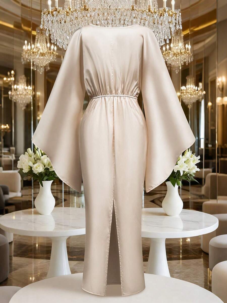 SHEIN Franclia فستان سهرة ساتان شمبانيا ملتوي عند الرقبة بأكمام واسعة