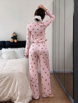 SHEIN بيجامة بأكمام طويلة وطبعة أزهار الكرز والدانتيل