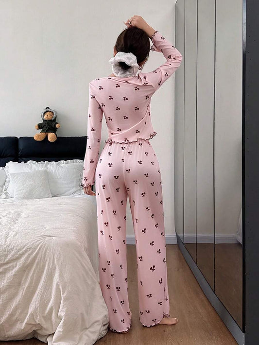SHEIN بيجامة بأكمام طويلة وطبعة أزهار الكرز والدانتيل