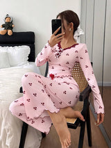 SHEIN بيجامة بأكمام طويلة وطبعة أزهار الكرز والدانتيل