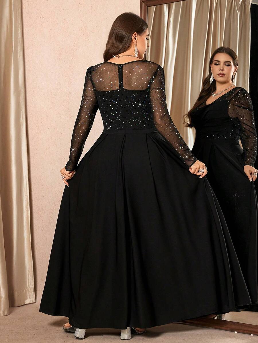 SHEIN Clasi فستان أسود للمقاسات الكبيرة بأكمام طويلة مزين بالترتر والشبك