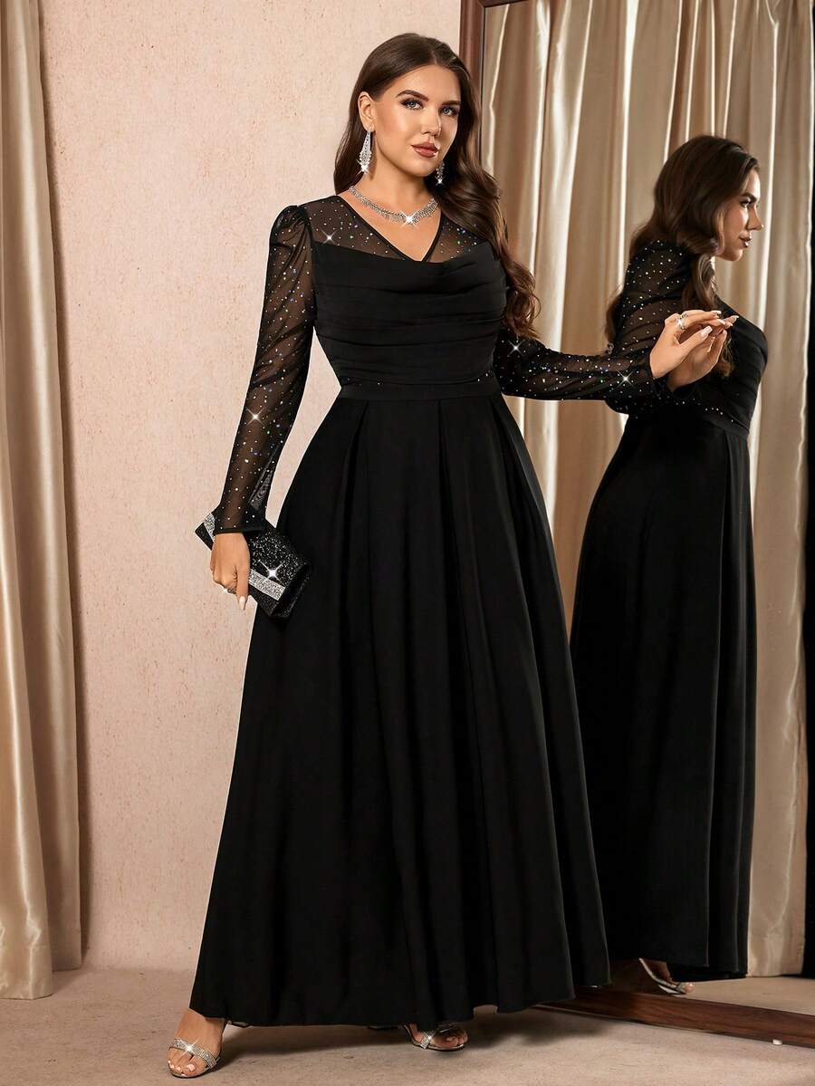 SHEIN Clasi فستان أسود للمقاسات الكبيرة بأكمام طويلة مزين بالترتر والشبك