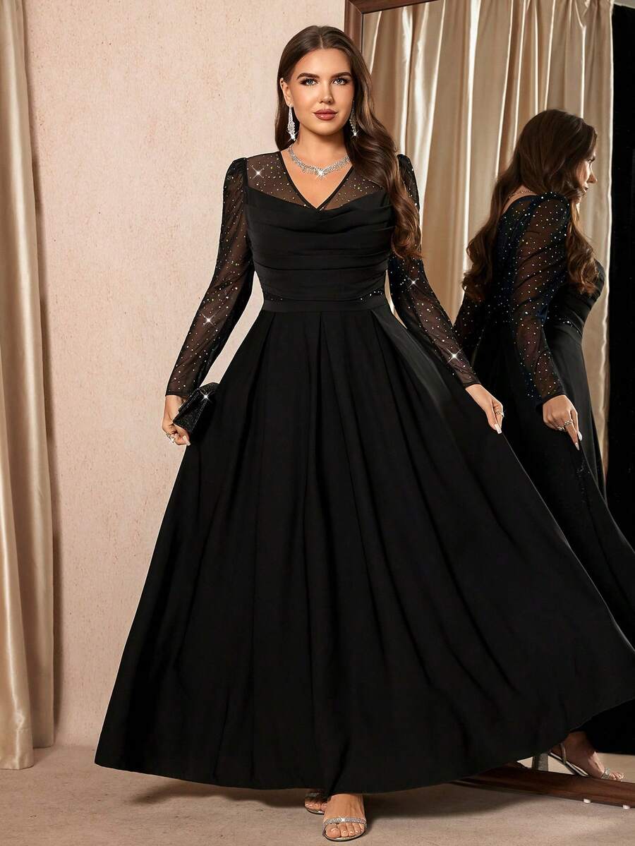 SHEIN Clasi فستان أسود للمقاسات الكبيرة بأكمام طويلة مزين بالترتر والشبك