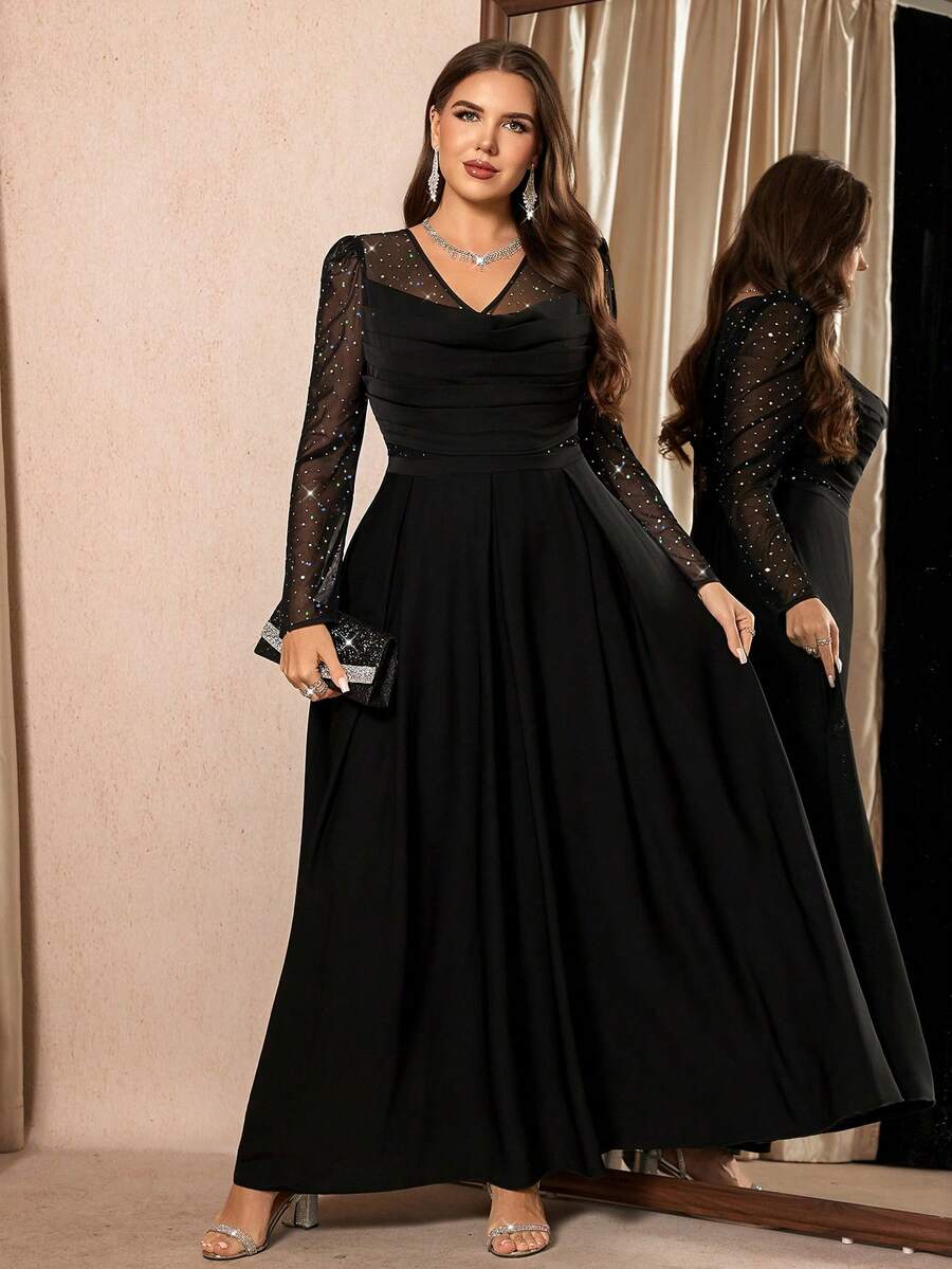 SHEIN Clasi فستان أسود للمقاسات الكبيرة بأكمام طويلة مزين بالترتر والشبك