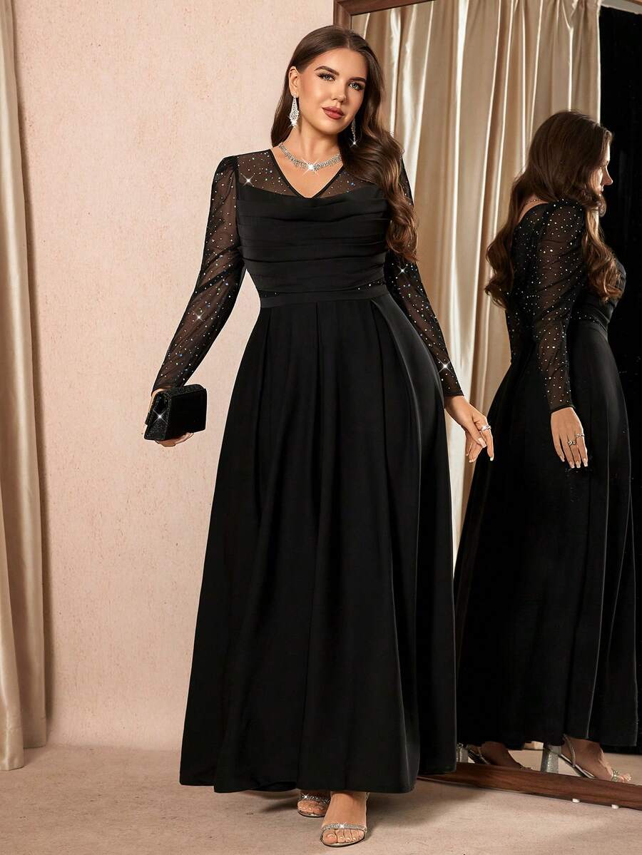 SHEIN Clasi فستان أسود للمقاسات الكبيرة بأكمام طويلة مزين بالترتر والشبك