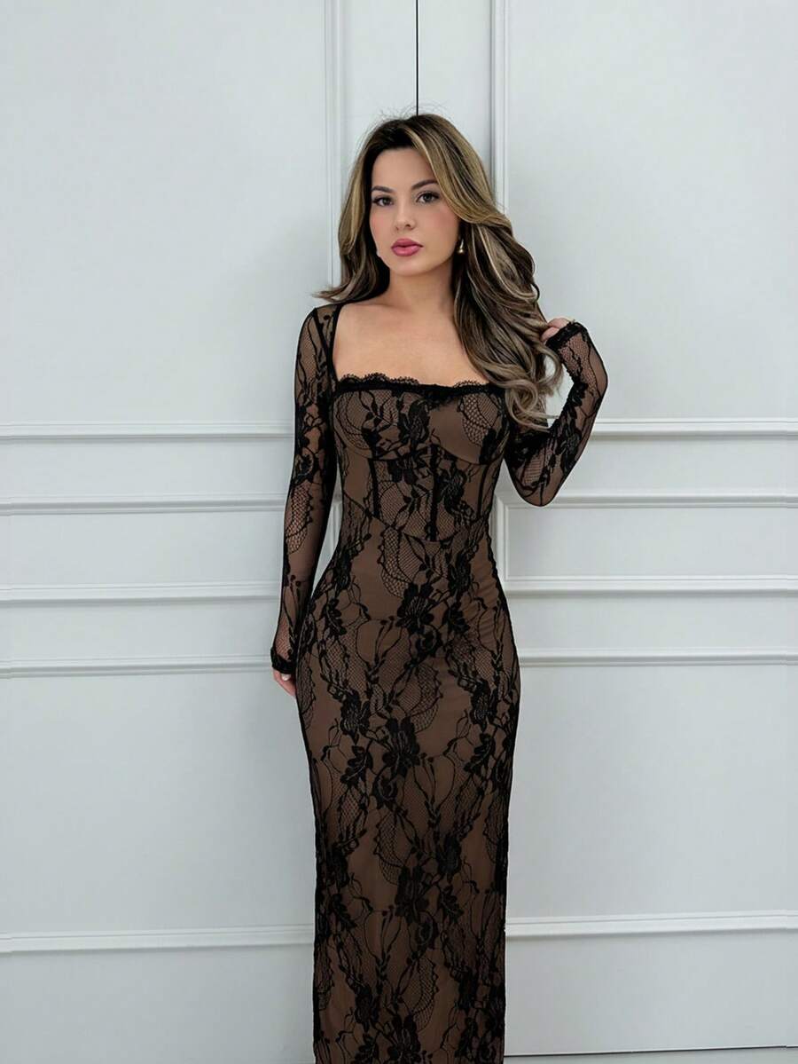 SHEIN Jemour فستان أسود طويل ضيق بأكمام طويلة وياقة دانتيل