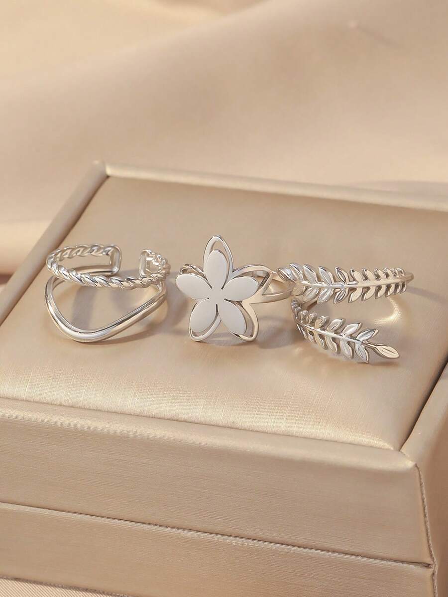 SHEIN طقم 3 خواتم ستانلس ستيل سنبلة قمح وزهور ذهبية