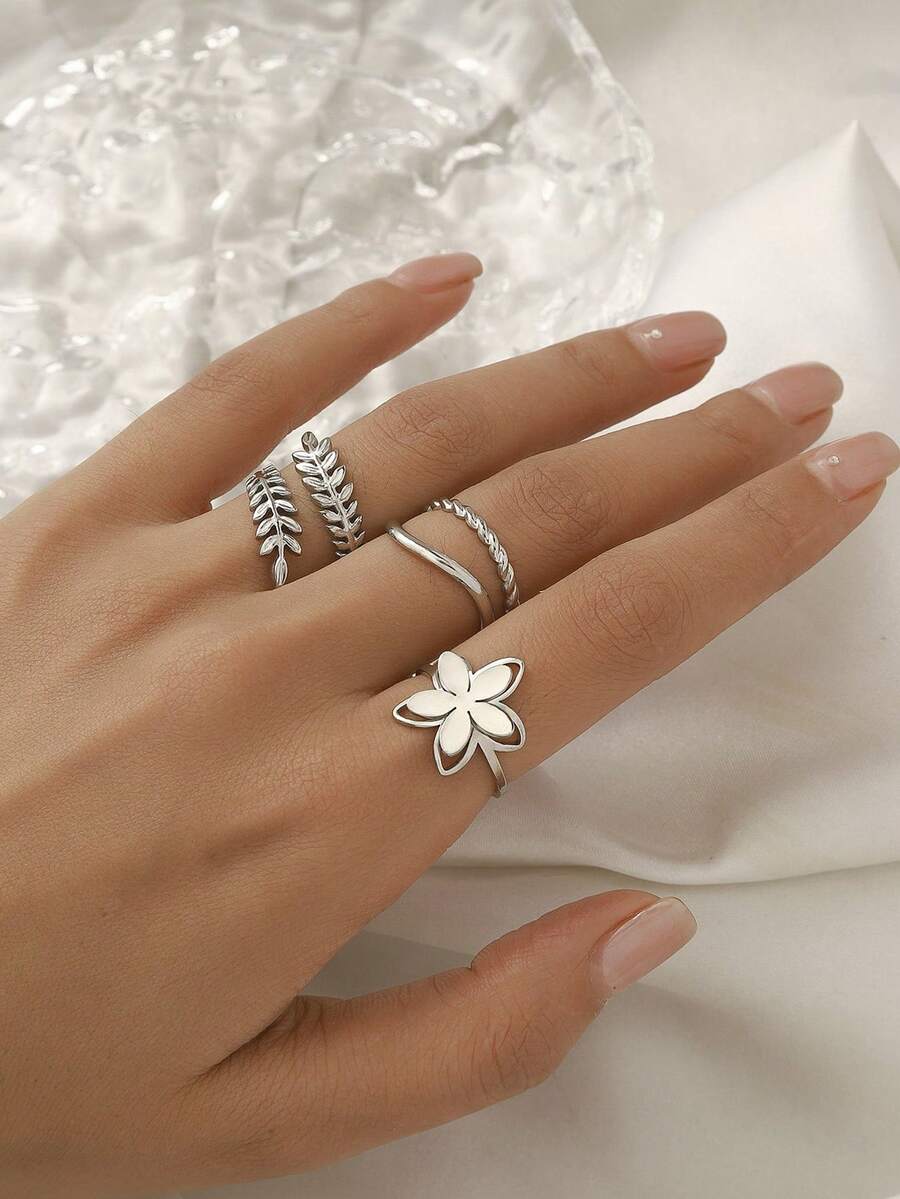 SHEIN طقم 3 خواتم ستانلس ستيل سنبلة قمح وزهور ذهبية