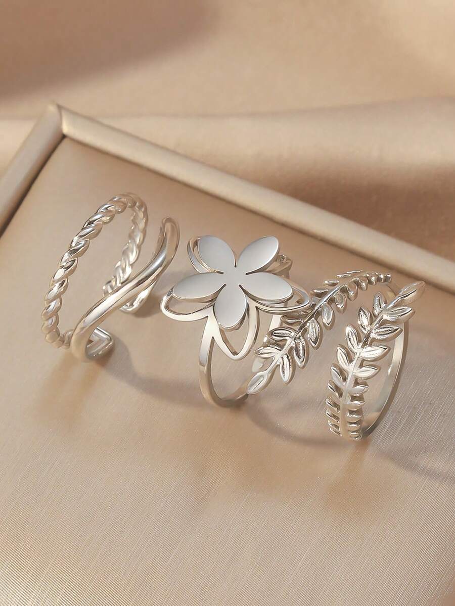 SHEIN طقم 3 خواتم ستانلس ستيل سنبلة قمح وزهور ذهبية