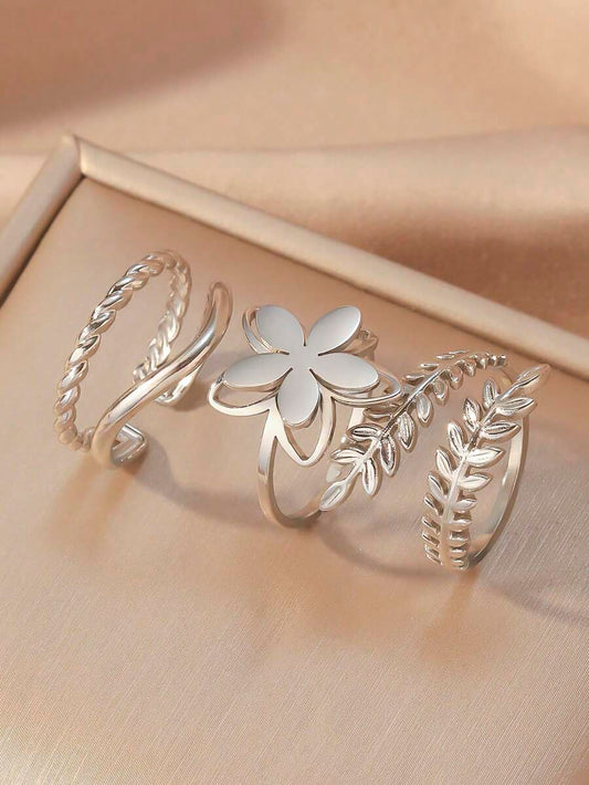 SHEIN طقم 3 خواتم ستانلس ستيل سنبلة قمح وزهور ذهبية