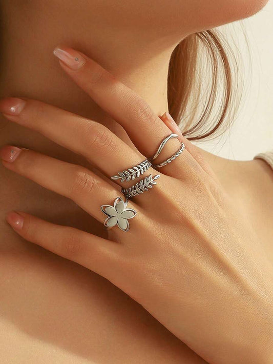 SHEIN طقم 3 خواتم ستانلس ستيل سنبلة قمح وزهور ذهبية