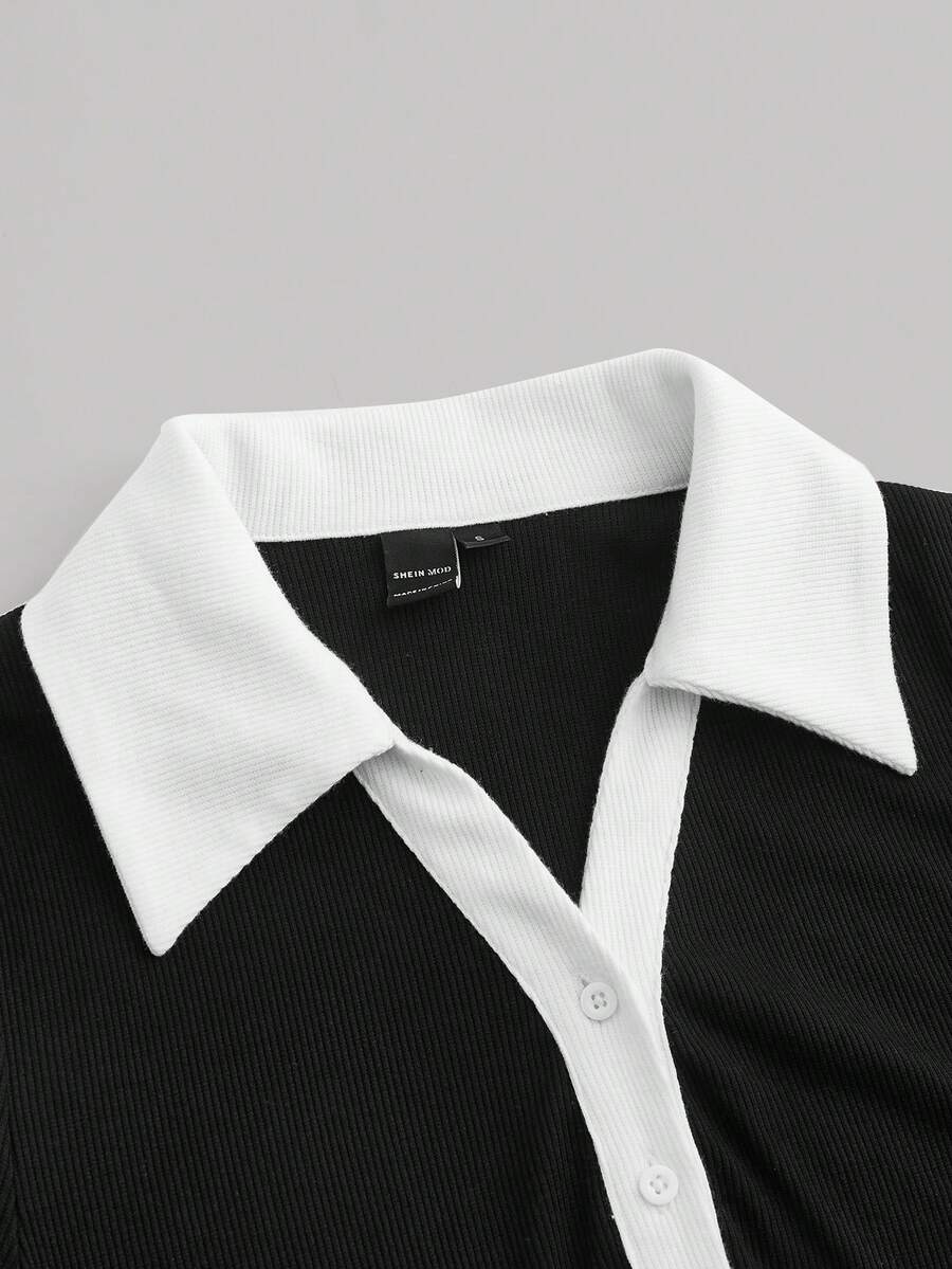 SHEIN MOD فستان بريبي بأزرار أمامية وياقة متباينة بلون أبيض وأسود