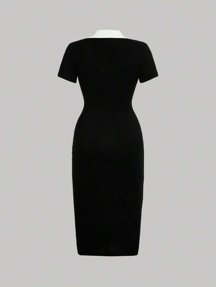 SHEIN MOD فستان بريبي بأزرار أمامية وياقة متباينة بلون أبيض وأسود