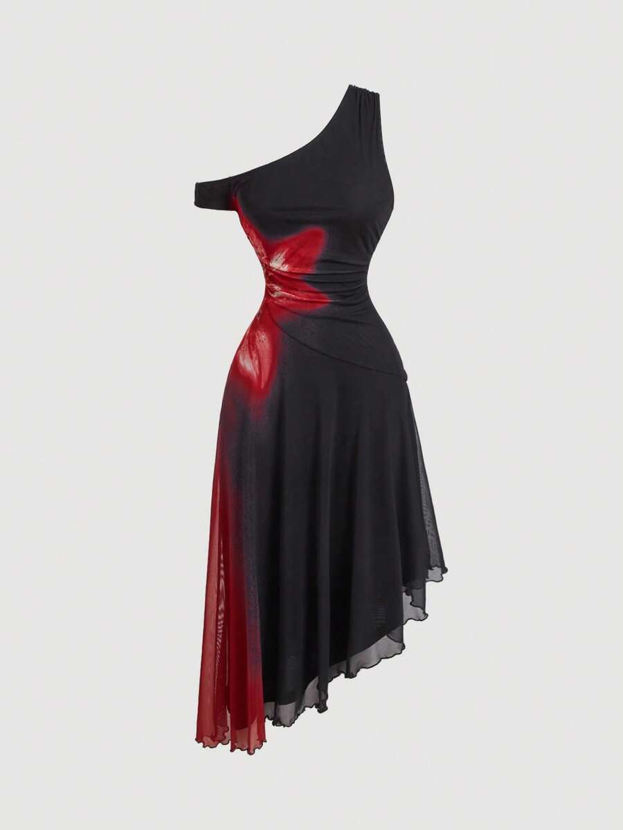 SHEIN MOD فستان كنزة أسود بطبعات زهور حمراء عتيقة