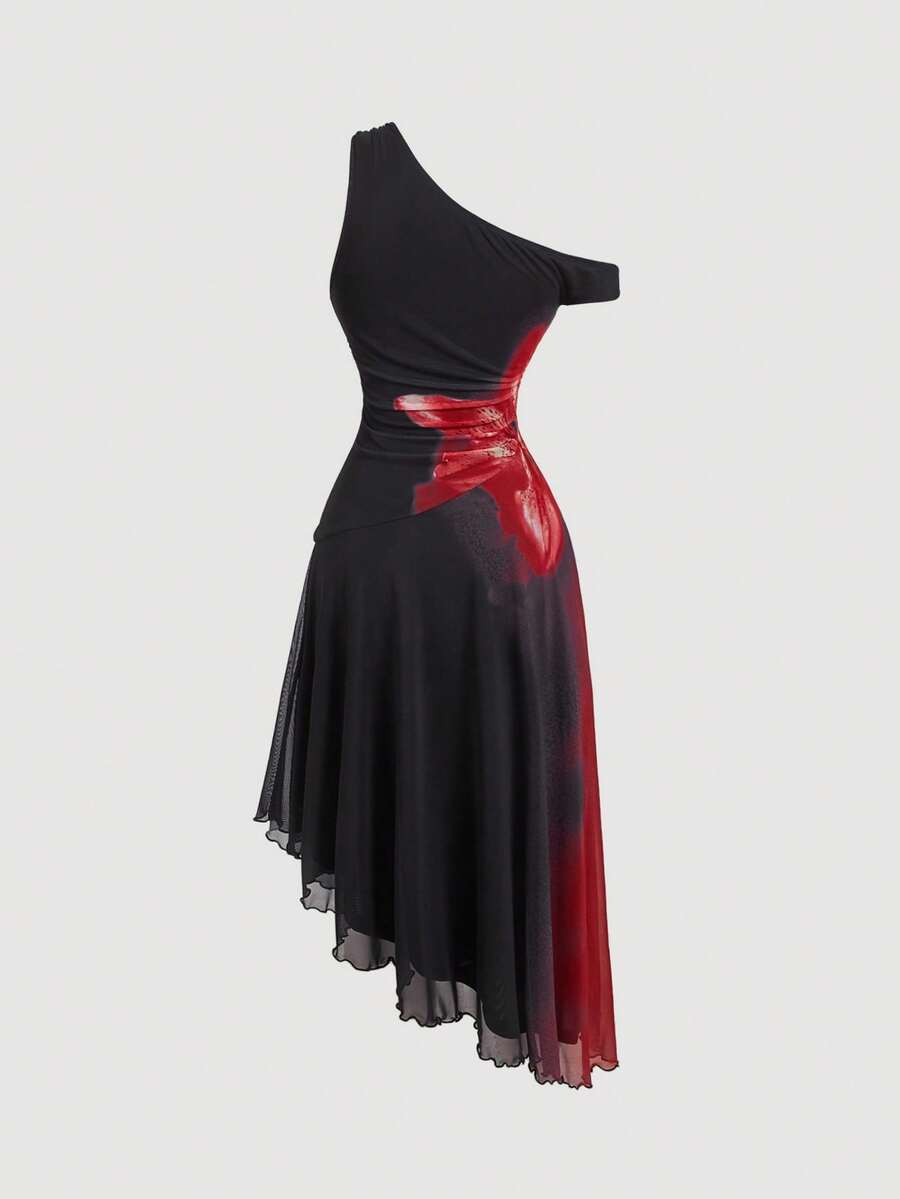 SHEIN MOD فستان كنزة أسود بطبعات زهور حمراء عتيقة