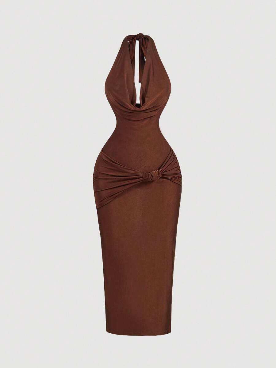SHEIN MOD فستان بني ضيق بياقة متدلية