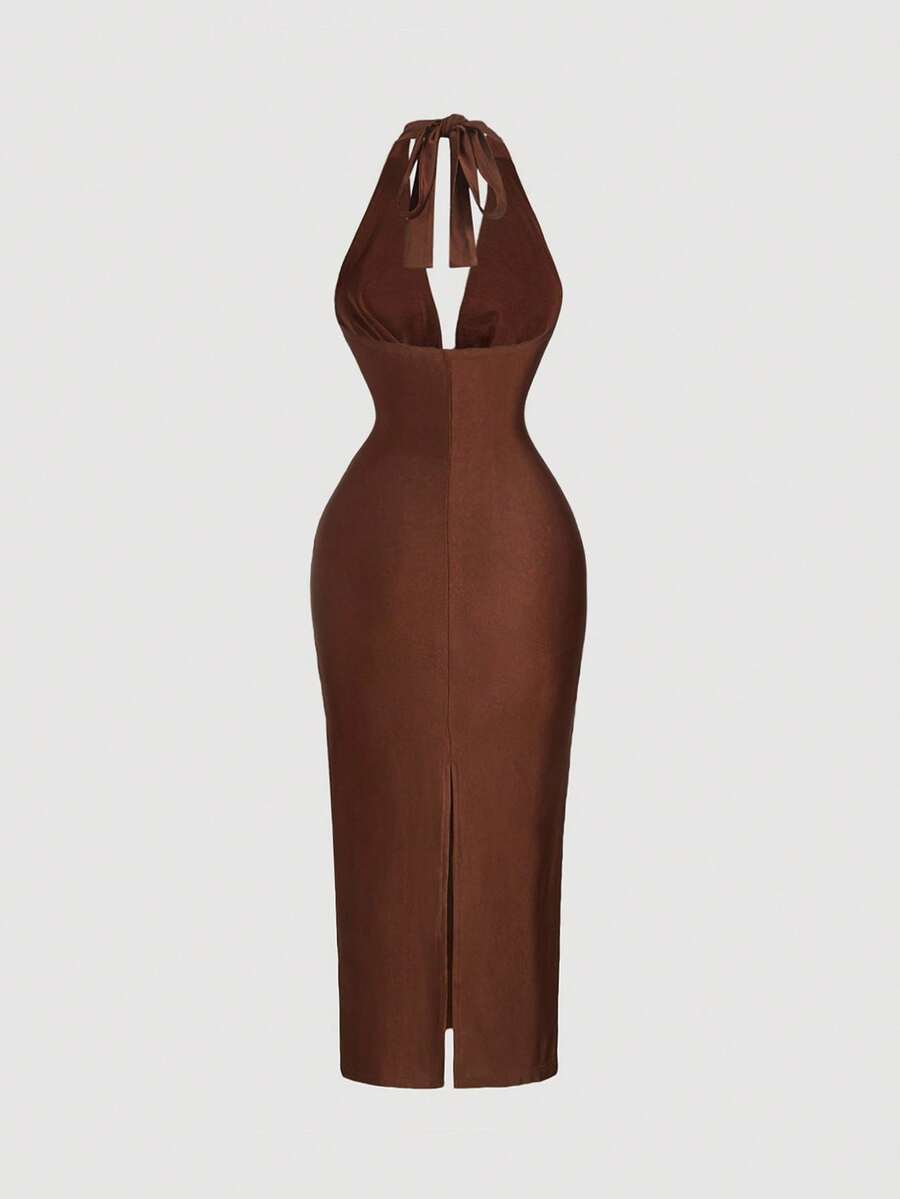 SHEIN MOD فستان بني ضيق بياقة متدلية