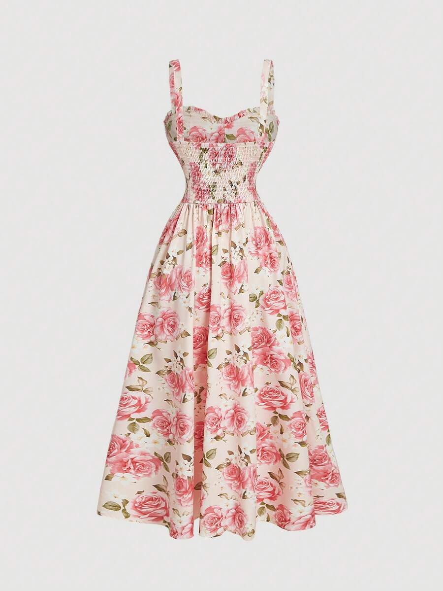SHEIN MOD فستان حبال رفيعة بطبعة زهور فرنسية متوسط الطول