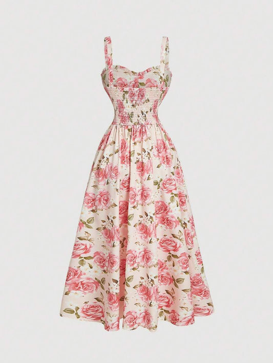 SHEIN MOD فستان حبال رفيعة بطبعة زهور فرنسية متوسط الطول