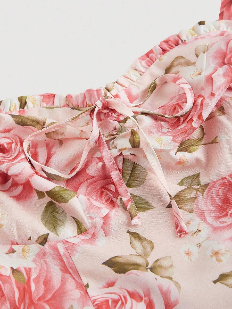 SHEIN MOD فستان حبال رفيعة بطبعة زهور فرنسية متوسط الطول