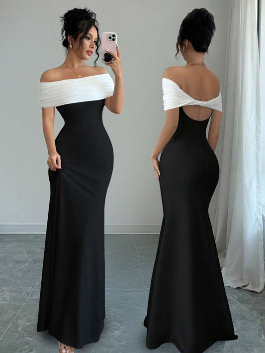 SHEIN Rafferiza فستان طويل أنيق بلون أبيض وأسود