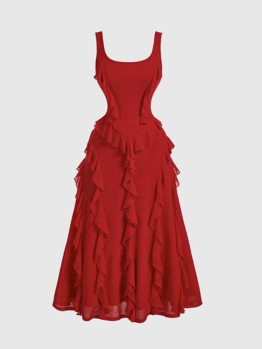 SHEIN MOD فستان كامي أحمر متوسط الطول بتنورة مطوية وذيل غير متماثل