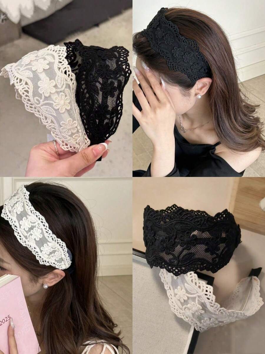 SHEIN عصابة رأس قطعتين من الدانتيل مزخرفة بالزهور باللونين الأسود والأبيض
