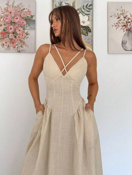 SHEIN Siren Gaze فستان ماكسي بلون مشمشي بتصميم متقاطع وشراريب