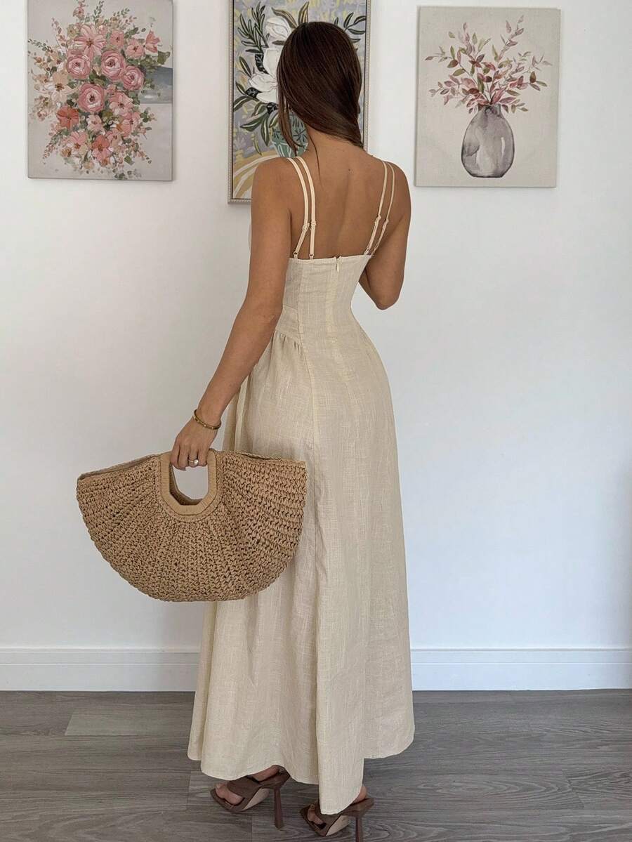 SHEIN Siren Gaze فستان ماكسي بلون مشمشي بتصميم متقاطع وشراريب