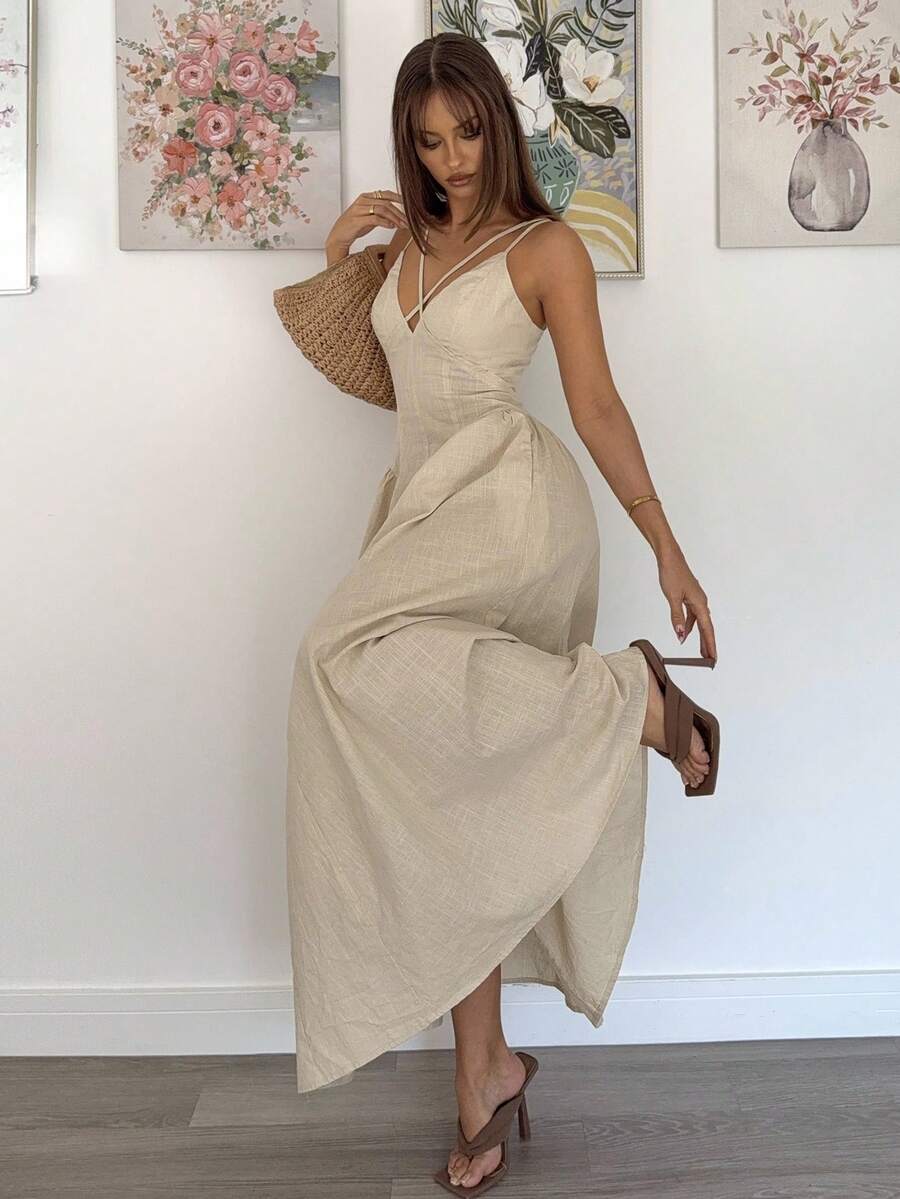 SHEIN Siren Gaze فستان ماكسي بلون مشمشي بتصميم متقاطع وشراريب