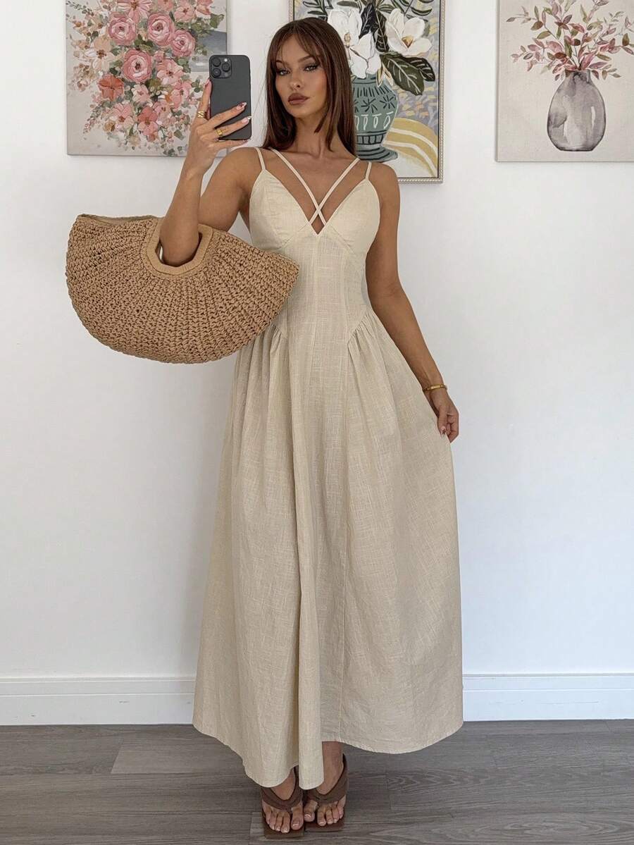 SHEIN Siren Gaze فستان ماكسي بلون مشمشي بتصميم متقاطع وشراريب