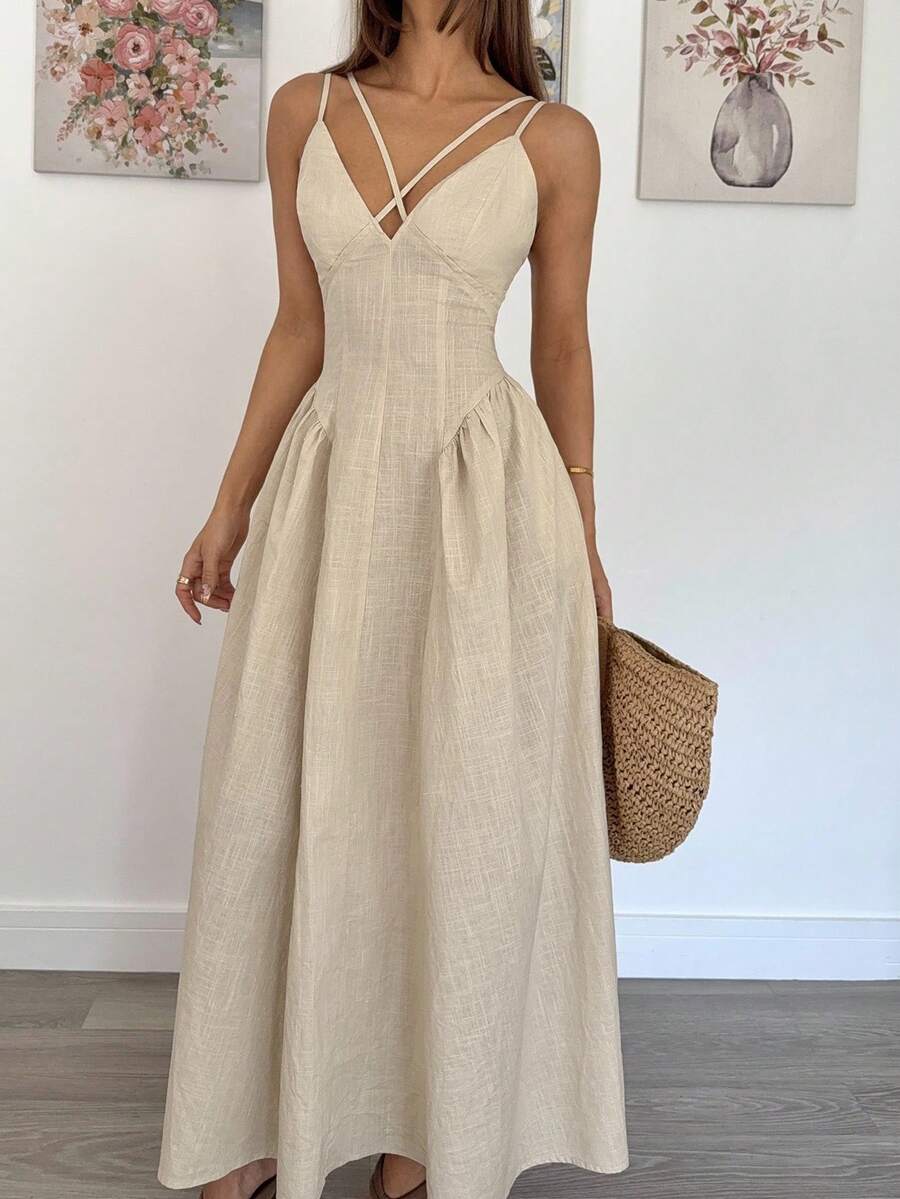 SHEIN Siren Gaze فستان ماكسي بلون مشمشي بتصميم متقاطع وشراريب