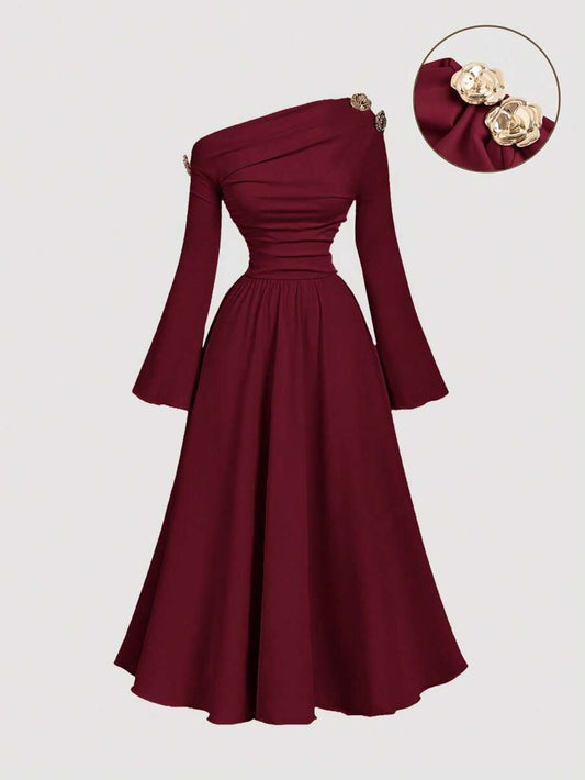 SHEIN MOD فستان عنابي أنيق متوسط الطول بكتف واحد أسيمتري