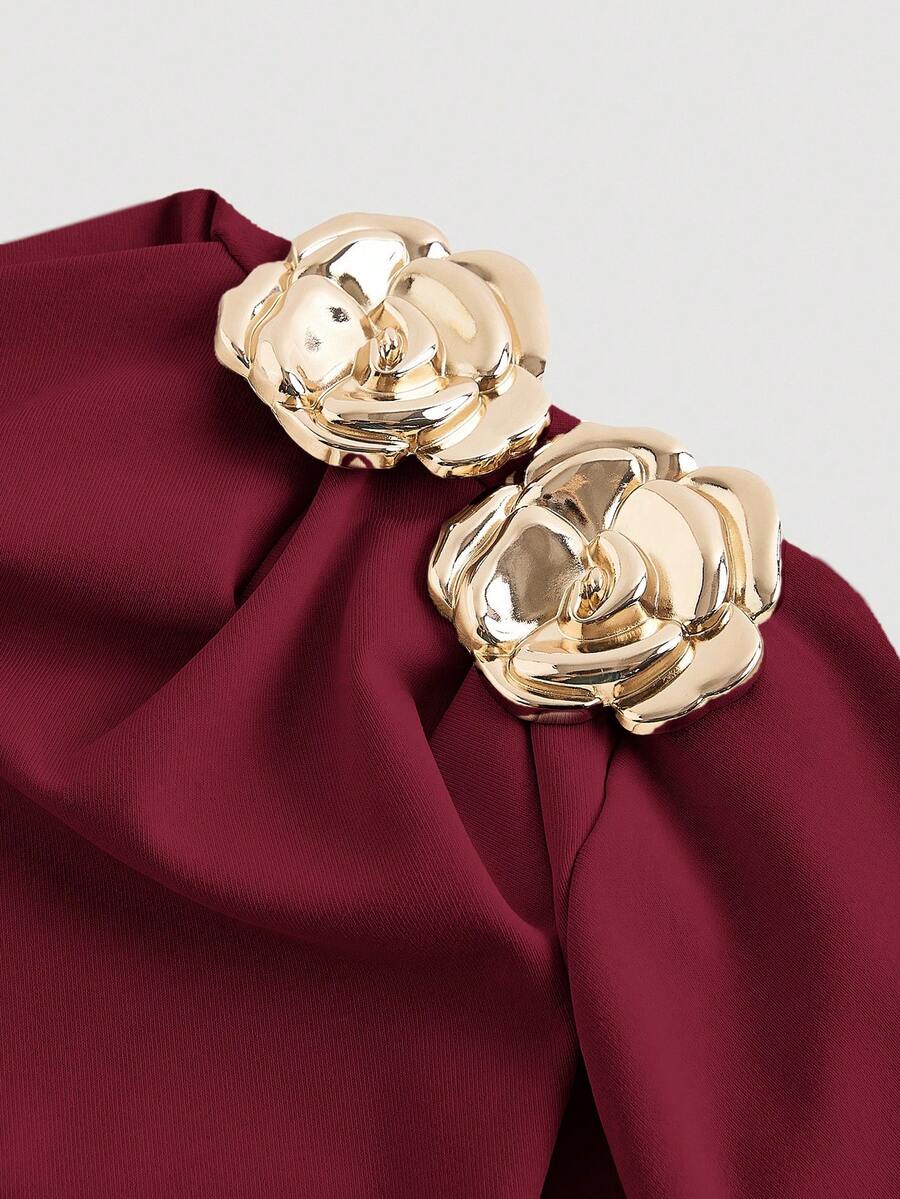 SHEIN MOD فستان عنابي أنيق متوسط الطول بكتف واحد أسيمتري