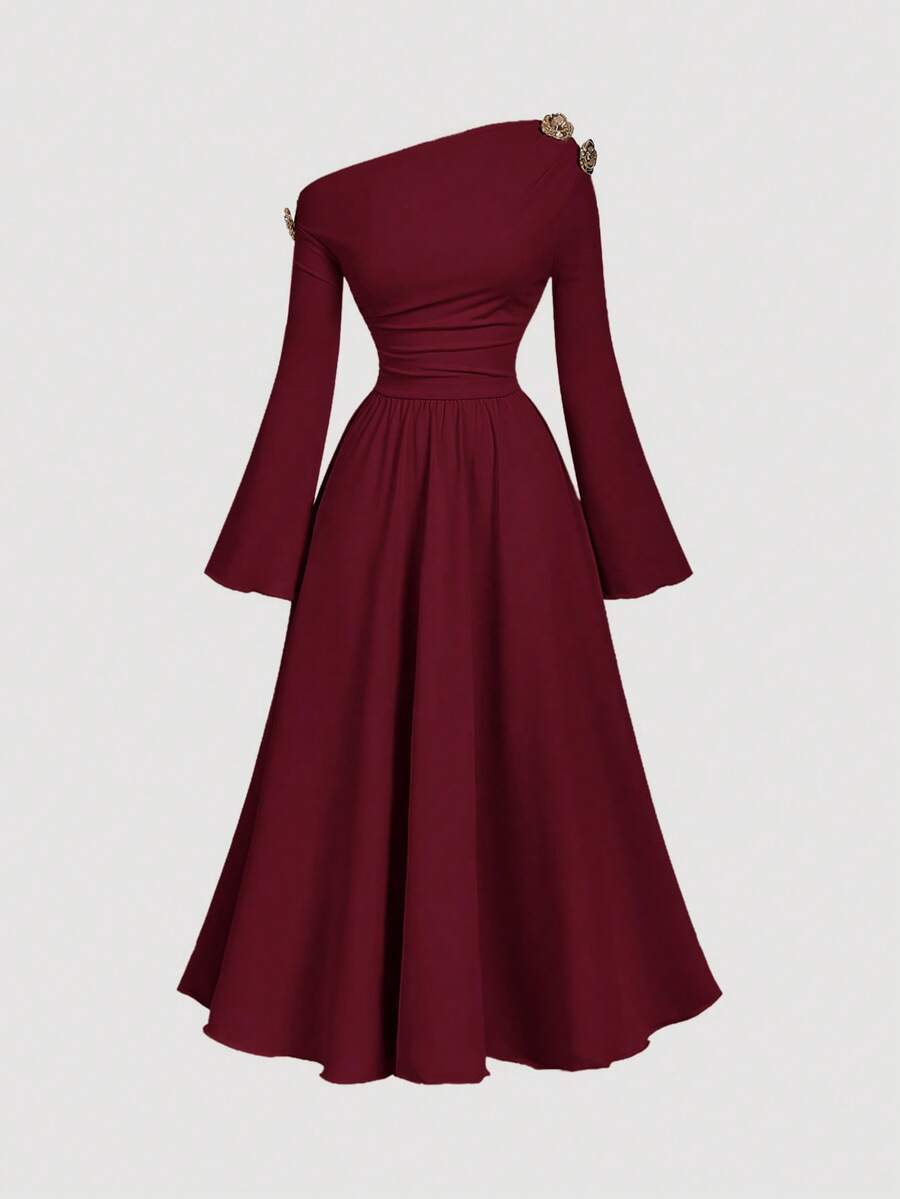 SHEIN MOD فستان عنابي أنيق متوسط الطول بكتف واحد أسيمتري