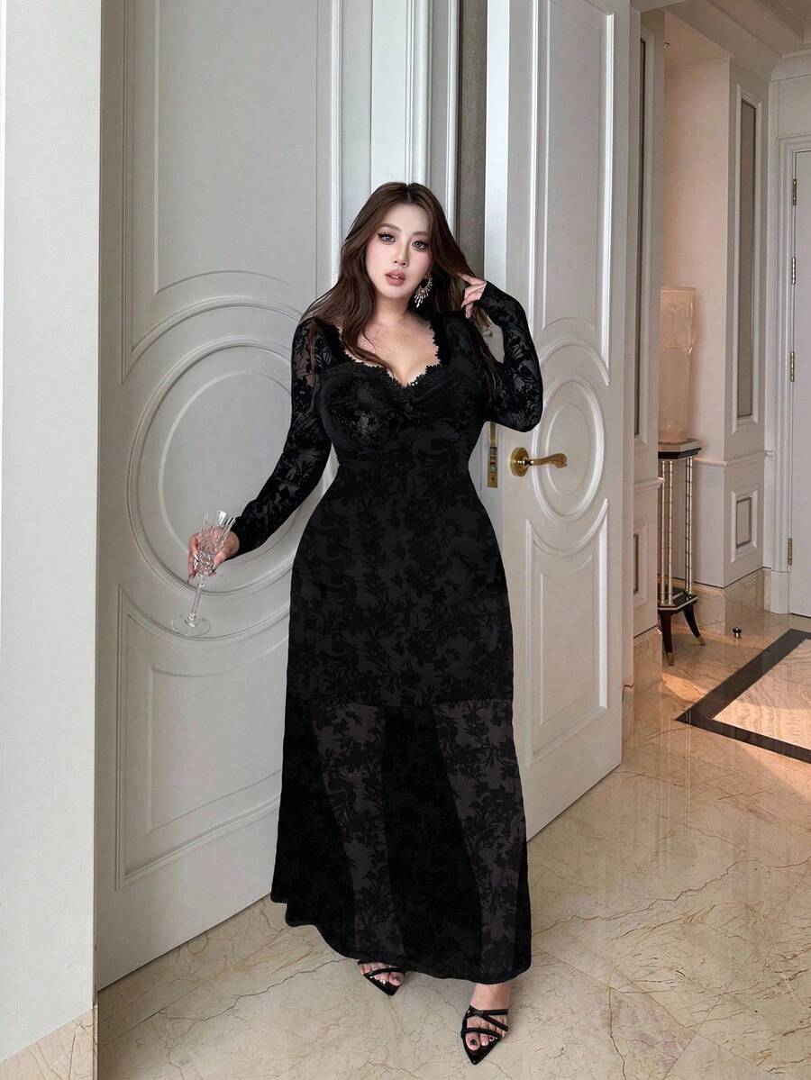 SHEIN Vibekara فستان أسود ضيق طويل الأكمام بنقشة مخملية