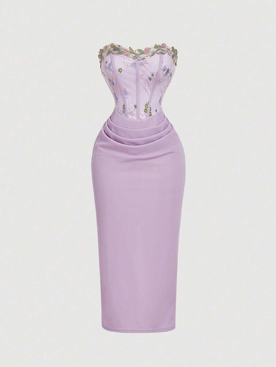 SHEIN MOD فستان أرجواني أنيق بتطريز زهري بدون أكمام