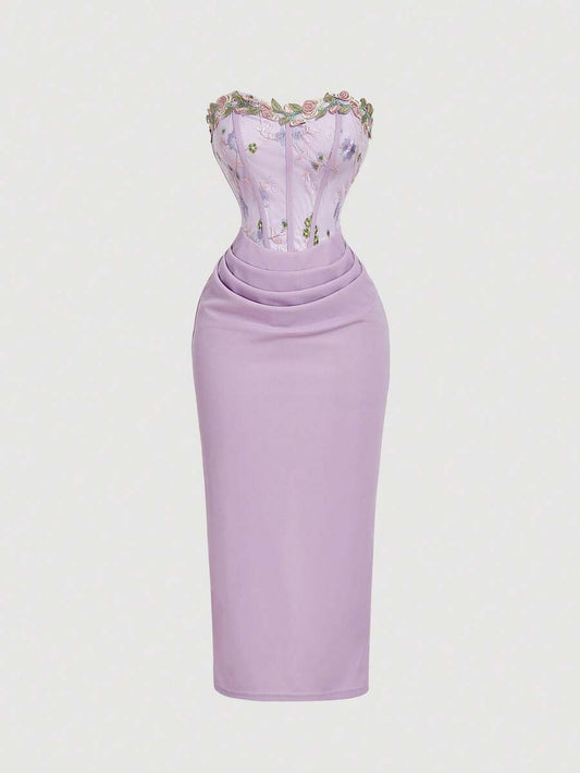 SHEIN MOD فستان أرجواني أنيق بتطريز زهري بدون أكمام
